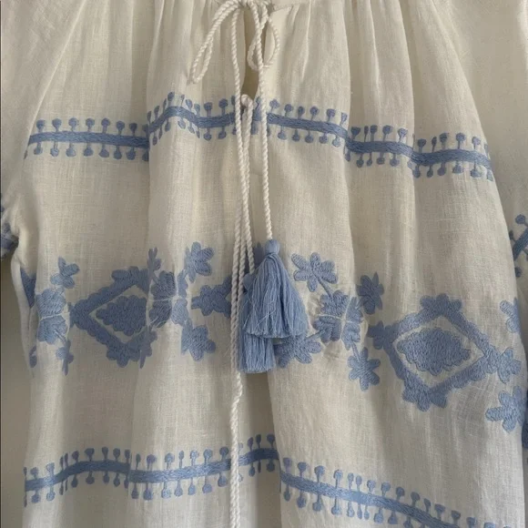Blue and White Embroidered Dress in linen SMALL - Picture 2 of 5